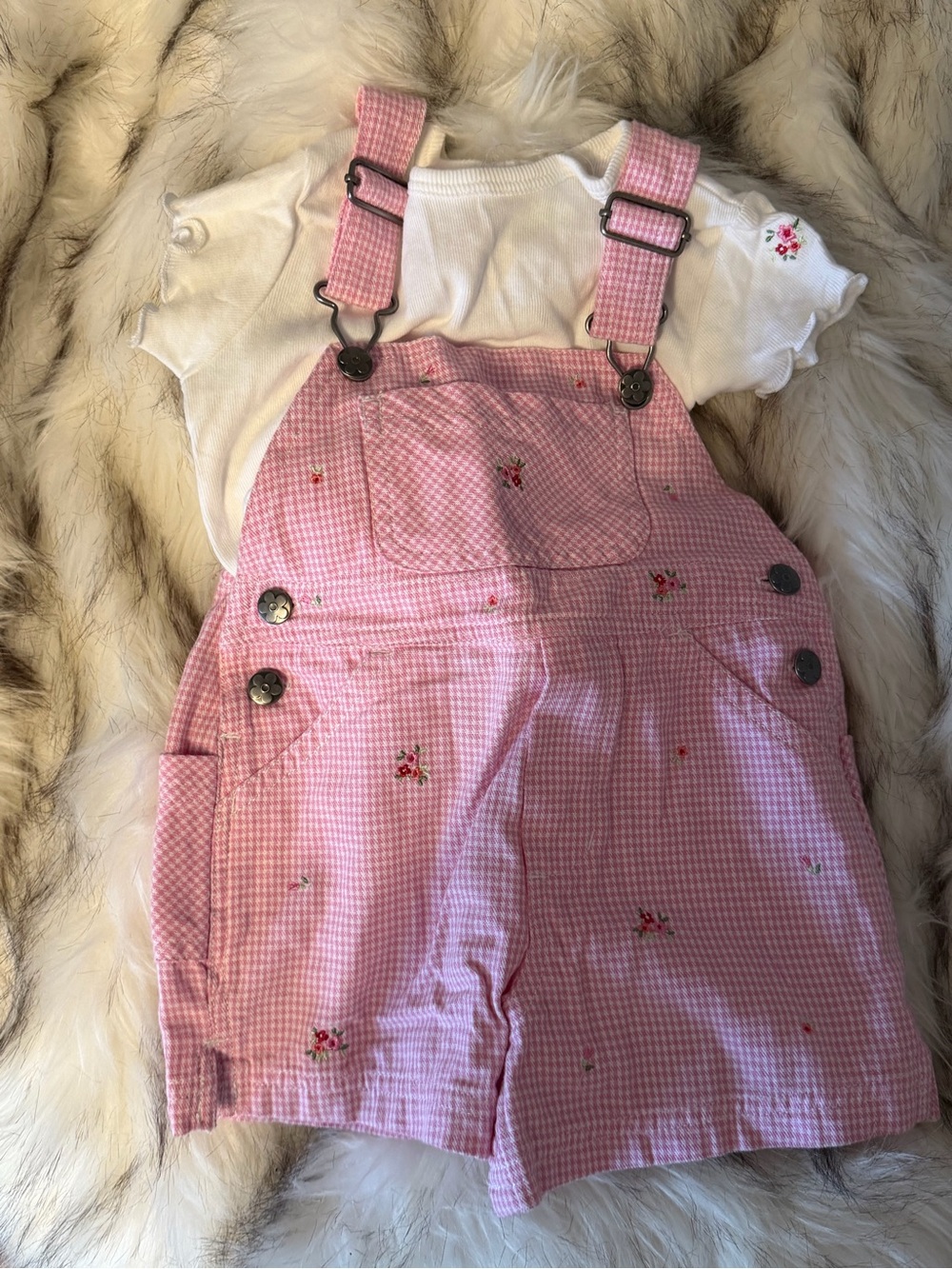 NWT Pink Gingham Floral Embroidered Kids Overall Shorts